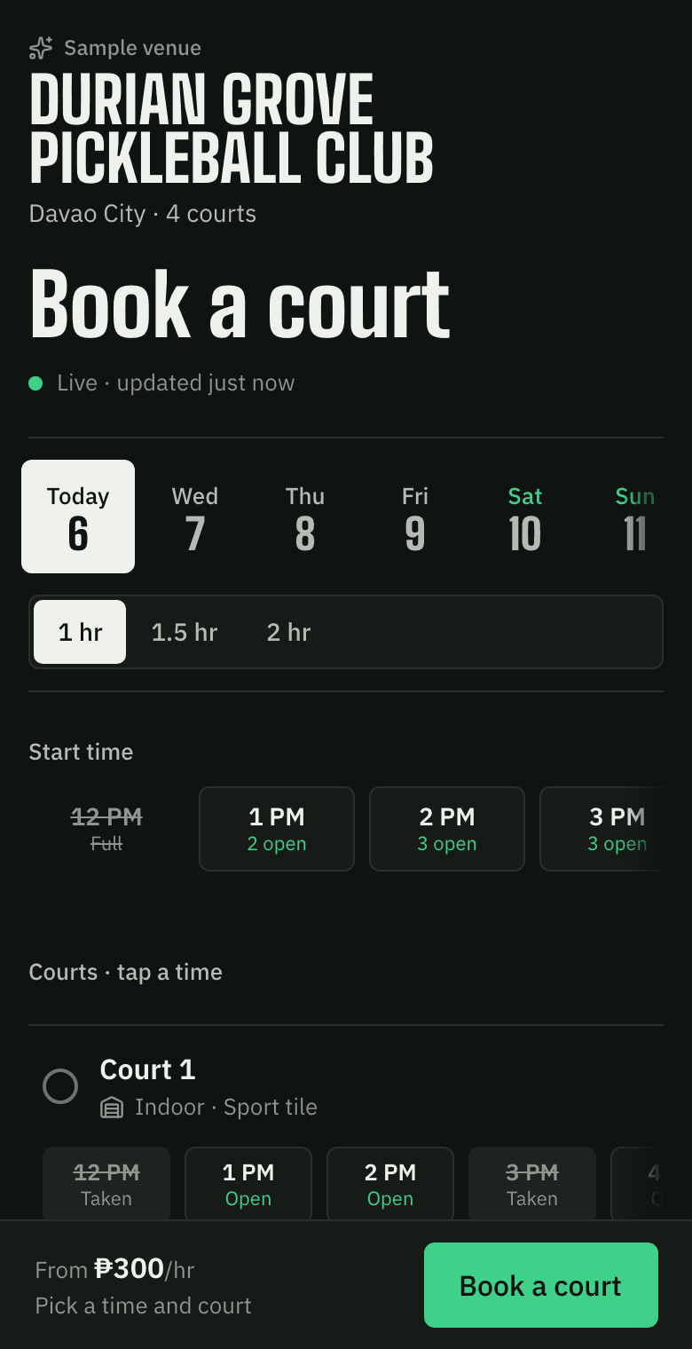 A venue page on a phone: open courts by time, with a Book button