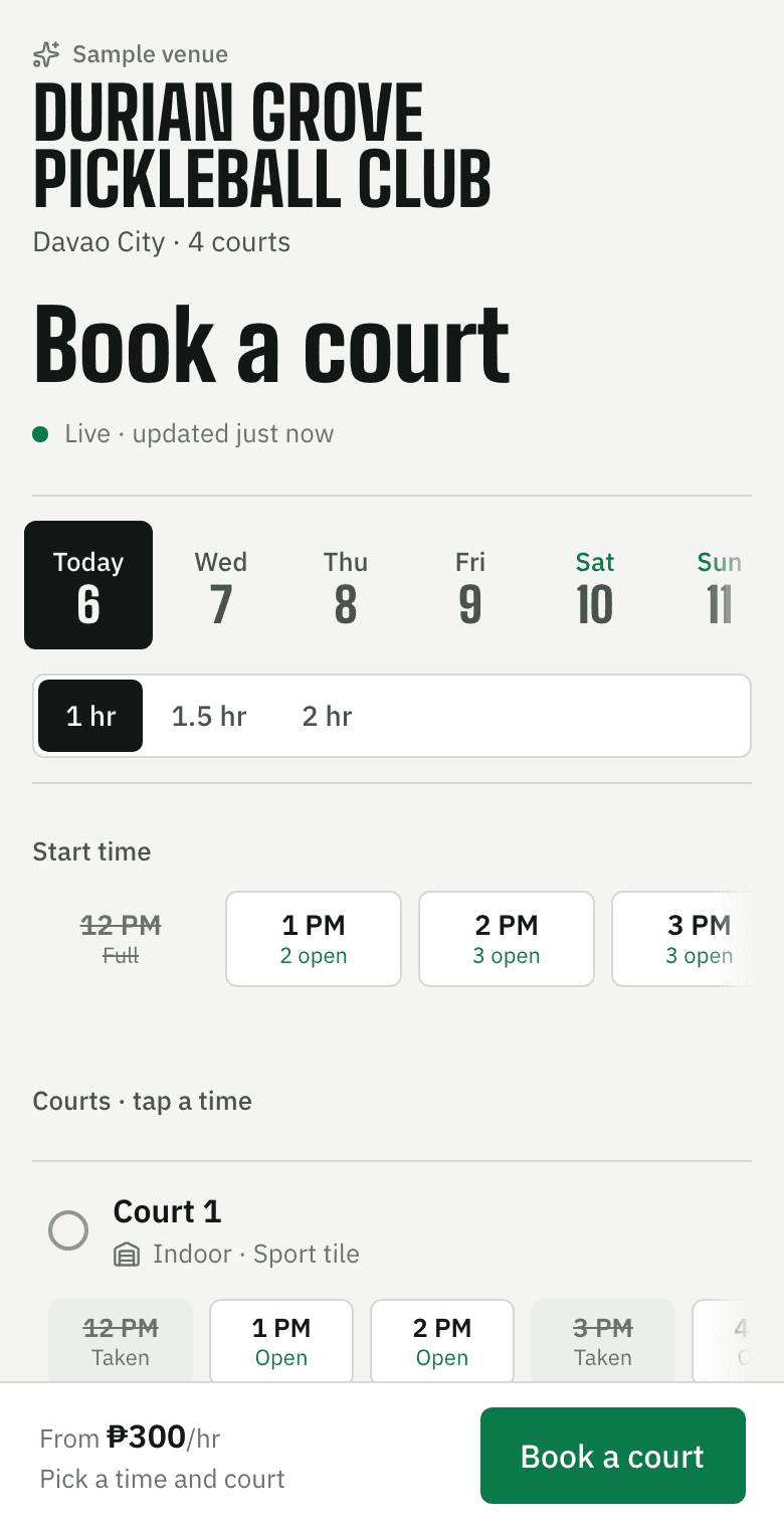 A venue page on a phone: open courts by time, with a Book button