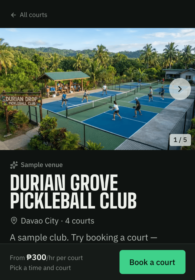 A venue’s page on a phone: photos, name, city and number of courts