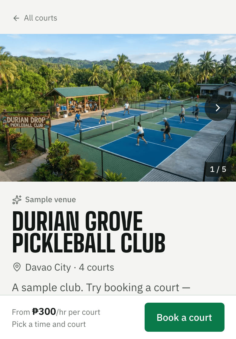 A venue’s page on a phone: photos, name, city and number of courts