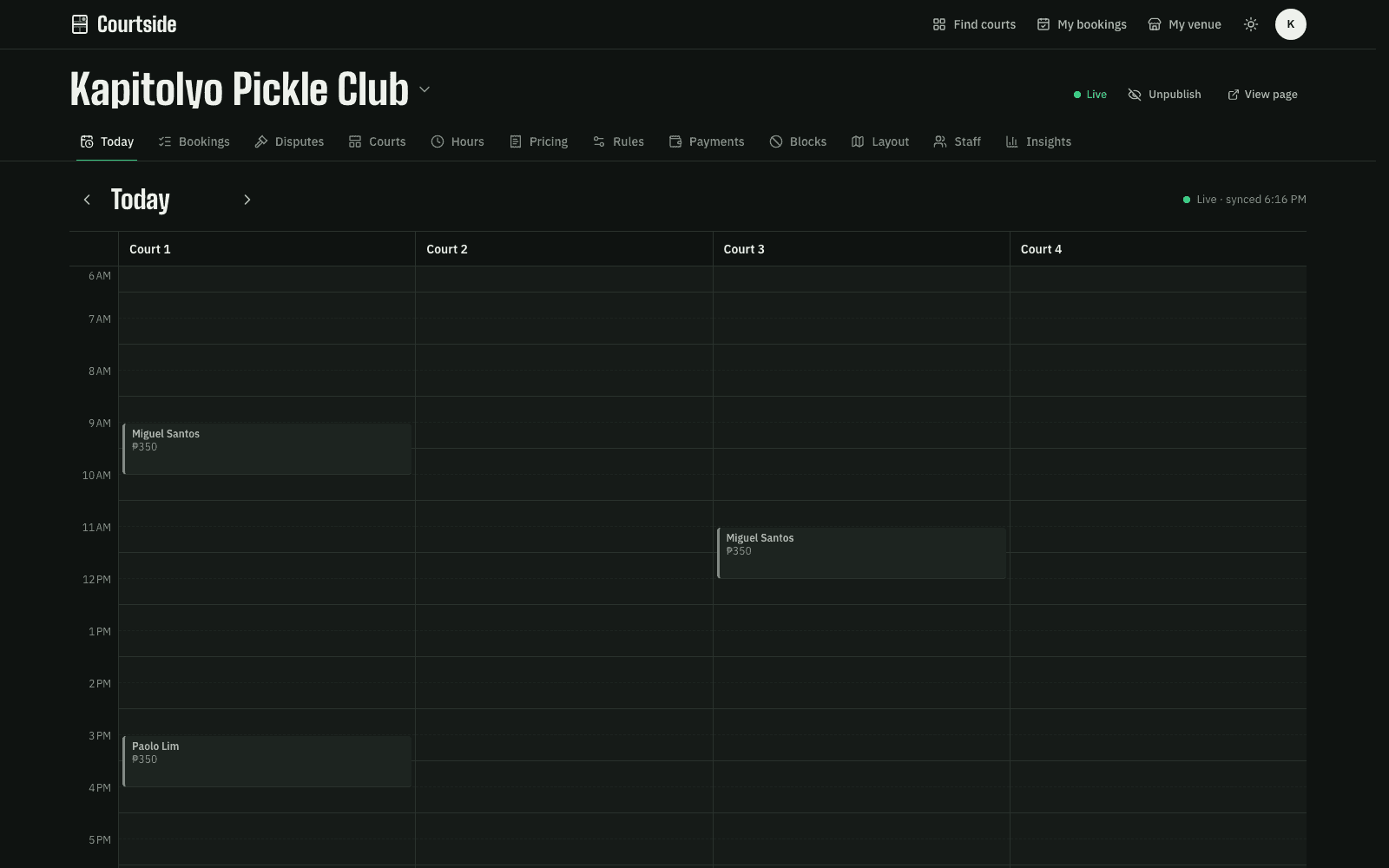 Owner dashboard: today’s bookings on a court-by-court timeline