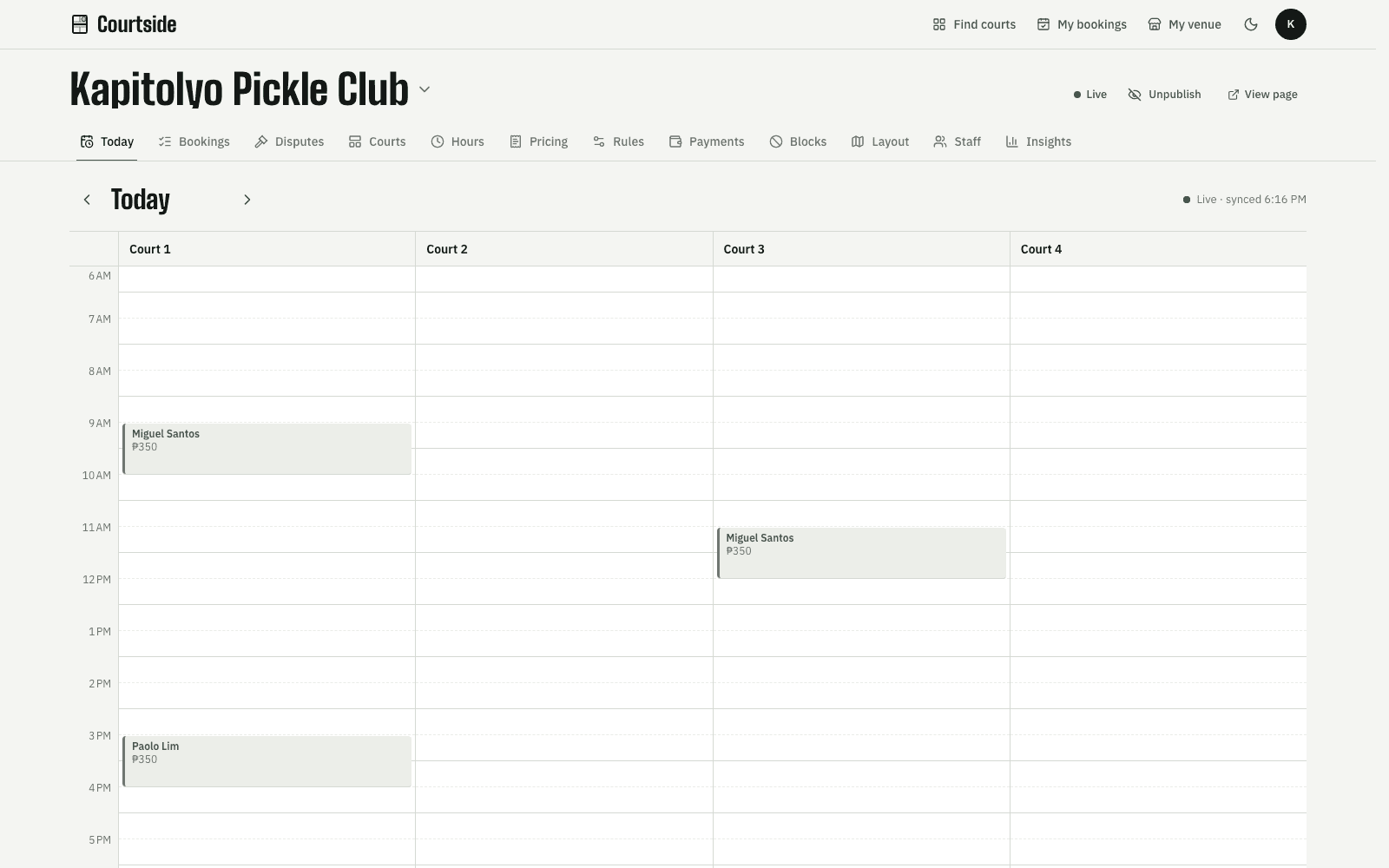 Owner dashboard: today’s bookings on a court-by-court timeline